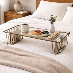 Vintage Mid Century Modern Breakfast Tray with Glass Top - Antique Brass